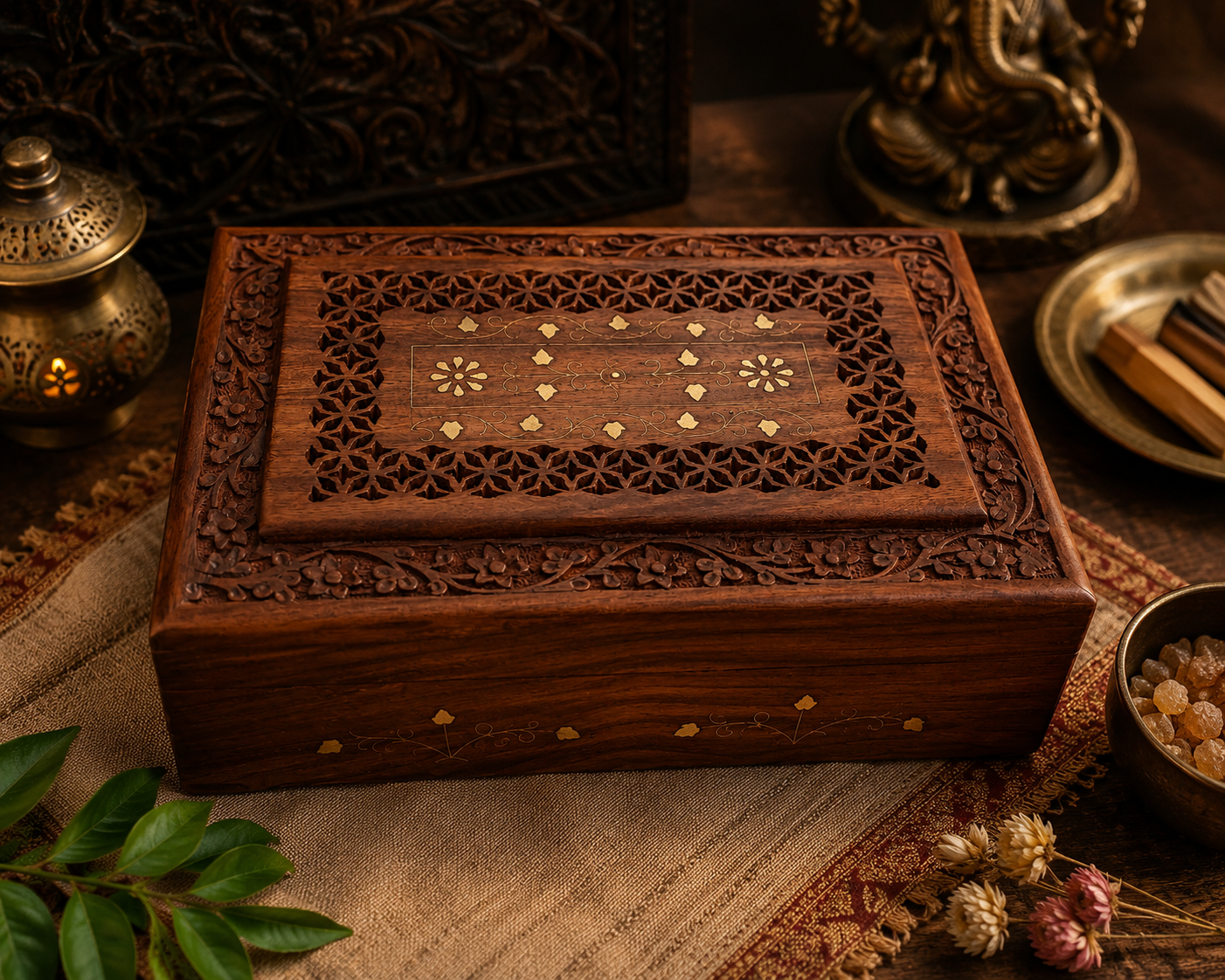 Caja de Madera Artesanal con Incrustaciones de Bronce · India